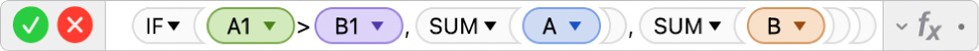 עורך הנוסחאות מציג את הנוסחה ‎=IF(A2>B2,SUM(A),SUM(B)‎.