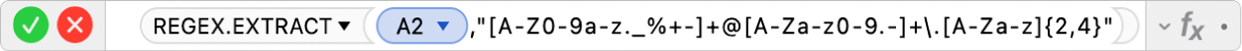 עורך הנוסחאות מציג את הנוסחה ‎=REGEX.EXTRACT(A2,"[A-Z0-9a-z._%+-]+@[A-Za-z0-9.-]+\.[A-Za-z]{2,4}")‎