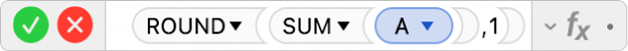 עורך הנוסחאות מציג את הנוסחה ‎=ROUND(SUM(A),1)‎.