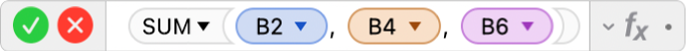 עורך הנוסחאות מציג את הנוסחה ‎=SUM(B2, B4, B6)‎.