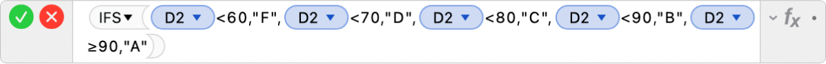 עורך הנוסחאות מציג את הנוסחה =IFS(D2<60,"F",D2<70,"D",D2<80,"C",D2<90,"B",D2≥90,"A").