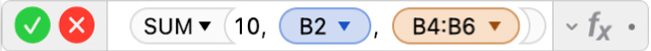 עורך הנוסחאות מציג את הנוסחה ‎=SUM(10, B2, B4:B6)‎.