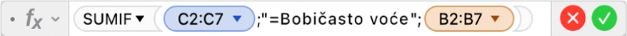Uređivač formula prikazuje formulu =SUMIF(C2:C7;"=Bobičasto voće";B2:B7).