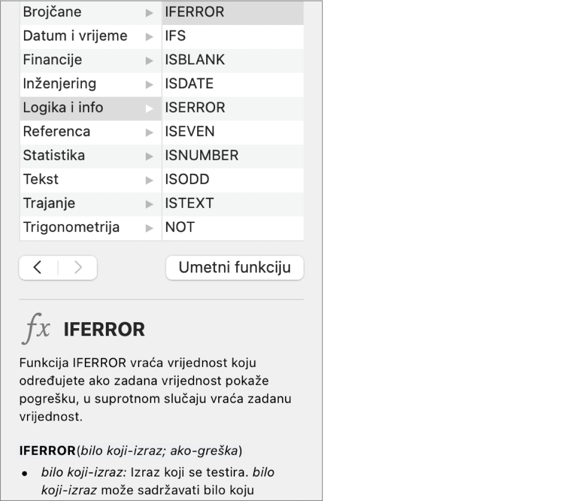 Preglednik funkcija s prikazom informacija za funkciju IFERROR.