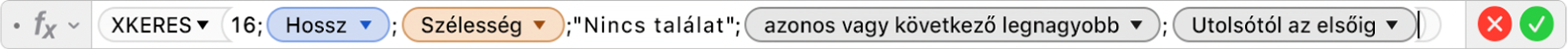 A képletszerkesztő az =XLOOKUP(16,Length,Width,"No match",1,-1) képlettel.