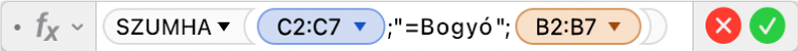 A Képletszerkesztő az =SUMIF(C2:C7;"=Berries";B2:B7) képlettel.