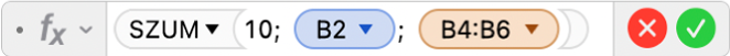 A Képletszerkesztő az =SUM(10; B2; B4:B6) képlettel.