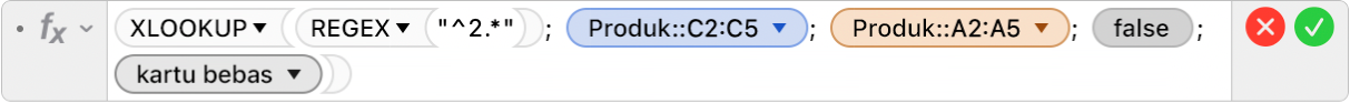 Editor formula menampilkan formula =XLOOKUP(REGEX("^2.*"), Produk::C2:C5; Produk::A2:A5; FALSE;2).