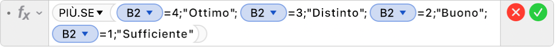 L’editor di formule che mostra la formula =PIÙ.SE(B2=4,"Ottimo",B2=3,"Distinto",B2=2,"Buono",B2=1,"Sufficiente”)