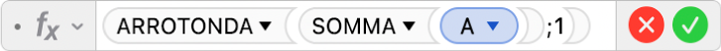 L’Editor di formule che mostra la formula =ARROTONDA(SOMMA(A);1).