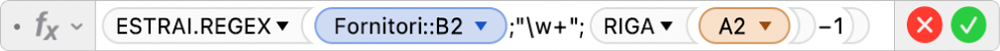 L’Editor di formule che mostra la formula =ESTRAI.REGEX(Fornitori::B2;"\w+";ROW(A2)-1).