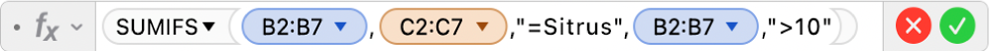Editor Formula menunjukkan formula =SUMIFS(B2:B7,C2:C7,"=Sitrus",B2:B7,">10").