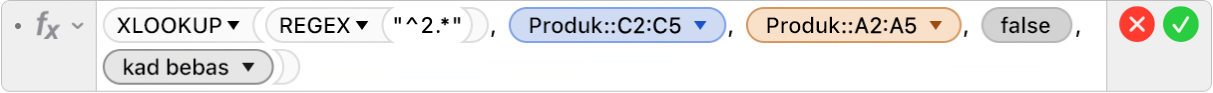 Editor formula menunjukkan formula =XLOOKUP(REGEX("^2.*"), Produk::C2:C5, Produk::A2:A5, FALSE,2).