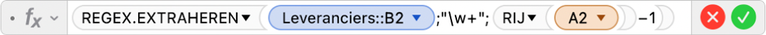 De formule-editor met de formule =REGEX.EXTRAHEREN(Leveranciers::B2;"\w+";RIJ(A2)-1).