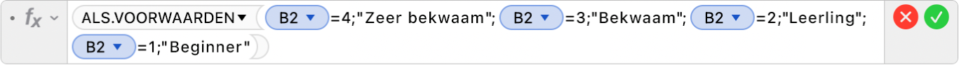 De formule-editor met de formule =ALS.VOORWAARDEN(B2=4;"Zeer bekwaam";B2=3;"Bekwaam";B2=2;"Leerling";B2=1;"Beginner").