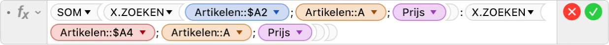 De formule-editor met de formule =SOM(X.ZOEKEN(Producten::$A2;Producten::A;Prijs):X.ZOEKEN(Producten::$A4;Producten::A;Prijs)).