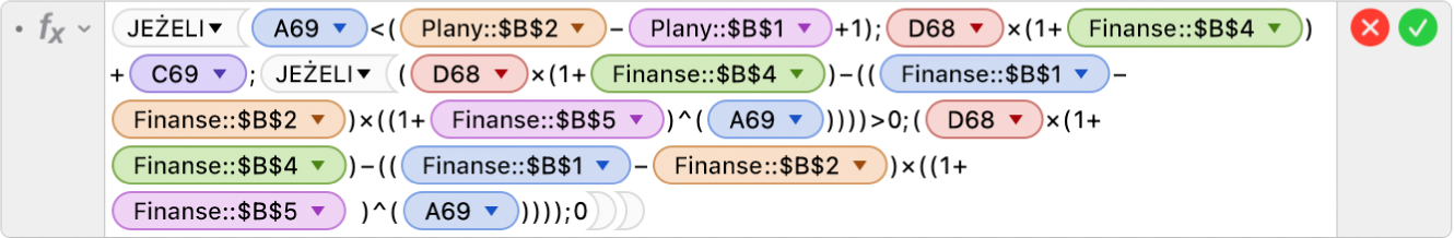 Edytor formuł pokazujący warunki oraz symbole wieloznaczne, takie jak < oraz ^ użyte z&nbsp;funkcją JEŻELI.