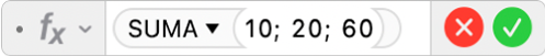 Edytor formuł pokazujący formułę =SUMA(10; 20; 60).