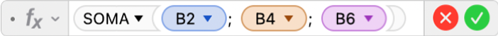 Editor de Fórmulas mostrando a fórmula =SOMA(B2; B4; B6).
