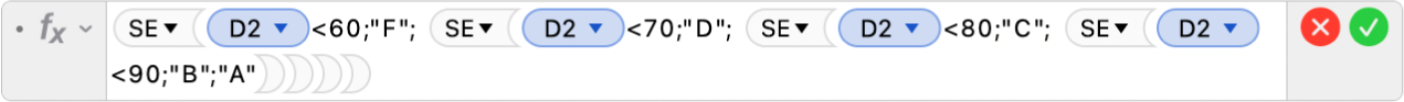 Editor de Fórmulas mostrando a fórmula =SE(D2<60;"F"; SE(D2<70;"D"; SE(D2<80;"C"; SE(D2<90;"B";"A")))).