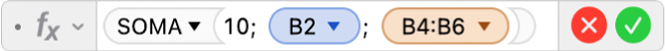 Editor de Fórmulas mostrando a fórmula =SOMA(10; B2; B4:B6).