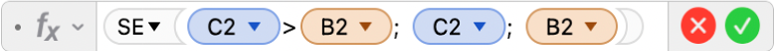 O editor de fórmulas a mostrar a fórmula =SE(C2>B2; C2; B2).