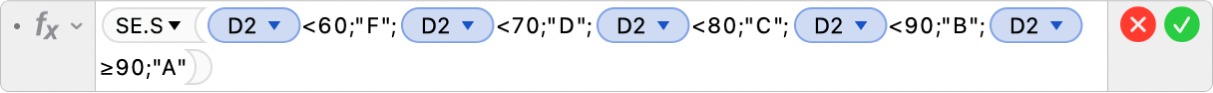 O editor de fórmulas a mostrar a fórmula =SE.S(D2<60;"F";D2<70;"D";D2<80;"C";D2<90;"B";D2≥90;"A").