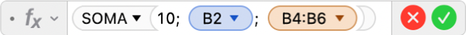 O editor de fórmulas a mostrar a fórmula =SOMA(10; B2; B4:B6).