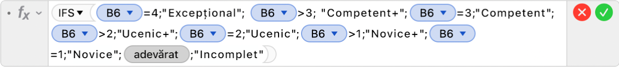 Editorul de formule afișând formula =IFS(B6=4;"Excepțional"; B6>3; "Competent+";B6=3;"Competent";B6>2;"Ucenic";B6=2;"Ucenic";B6>1;"Novice+";B5=1;"Novice";TRUE;"Incomplet").