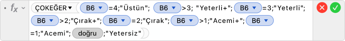 =ÇOKEĞER(B6=4;"Üstün"; B6>3; "Yeterli+";B6=3;"Yeterli";B6>2;"Çırak+";B6=2;"Çırak";B6>1;"Acemi+";B5=1;"Acemi";DOĞRU;"Yetersiz") formülünü gösteren Formül Düzenleyici.