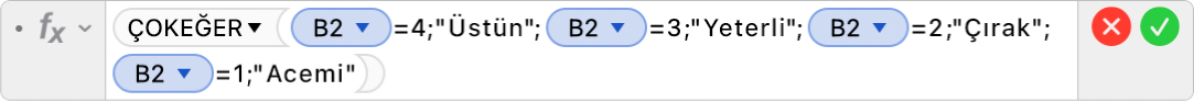 =ÇOKEĞER(B2=4;“Üstün”;B2=3;“Yeterli”;B2=2; “Çırak”;B2=1;“Acemi”).