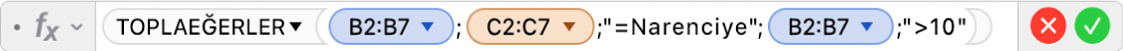 =TOPLAEĞERLER(B2:B7;C2:C7;“=Narenciye”;B2:B7;“>10”) formülünü gösteren Formül Düzenleyici.