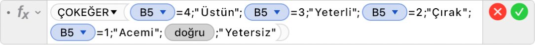 =ÇOKEĞER(B5=4;"Üstün";B5=3;"Yeterli";B5=2;"Çırak+";B5=1;"Acemi";DOĞRU;"Yetersiz") formülünü gösteren Formül Düzenleyici.