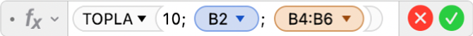 =TOPLA(10; B2; B4:B6) formülünü gösteren Formül Düzenleyici.