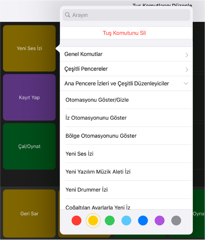 Şekil. Tuş Komutları açılır menüsü.