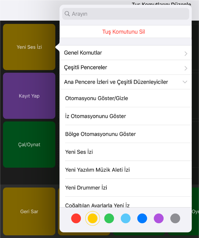 Şekil. Tuş Komutları açılır menüsü.