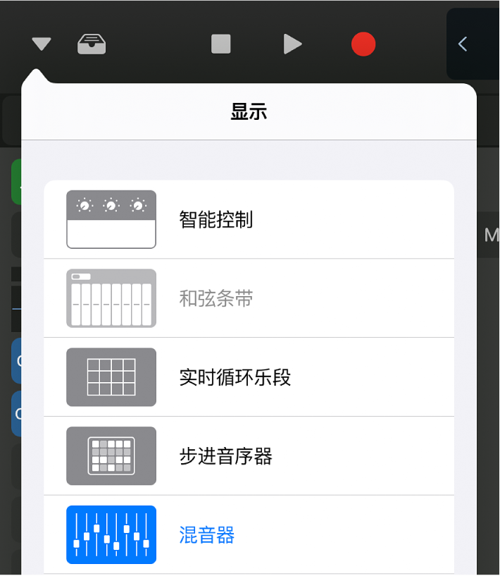 图。“显示”弹出式菜单。