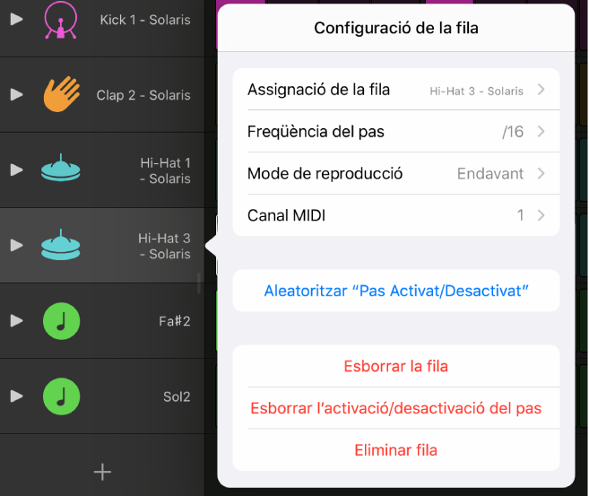Menú “Configuració de la fila”.