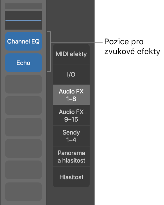 Obrázek. Popisek ukazuje pozice zvukových efektů.