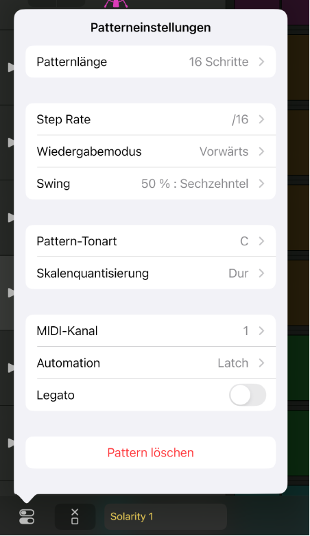 Menü „Patterneinstellungen“.