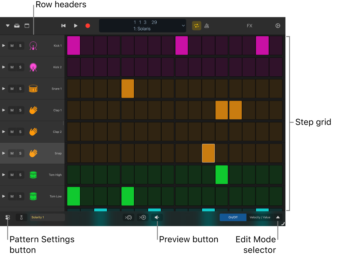 Step Sequencer showing the step grid, row headers and other controls.