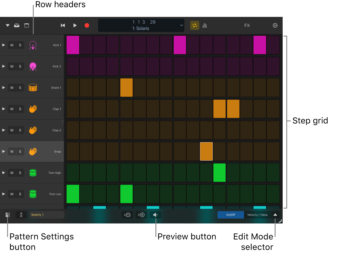 Step Sequencer showing the step grid, row headers, and other controls.