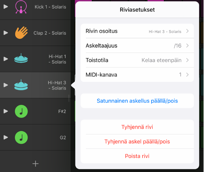 Rivin asetukset -valikko.