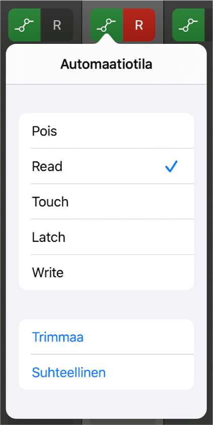 Kuva. Automaatiotila-ponnahdusvalikko.