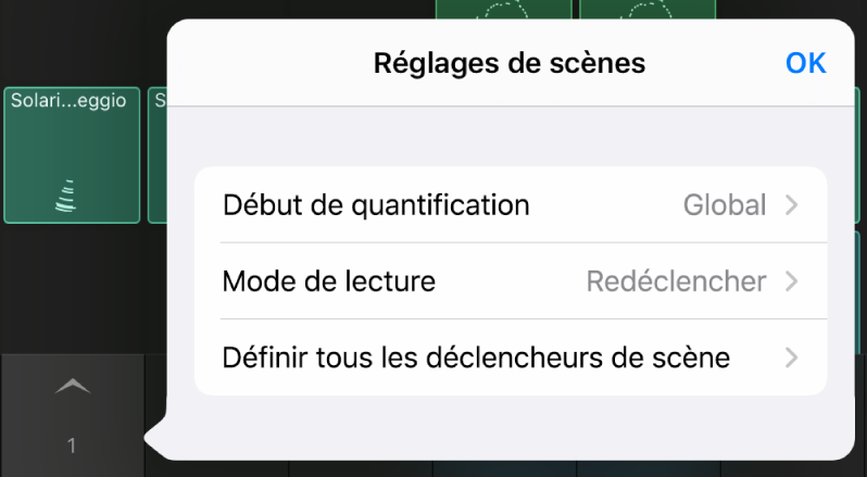 Menu de scène Réglages.