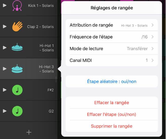 Menu Réglages de rangée.