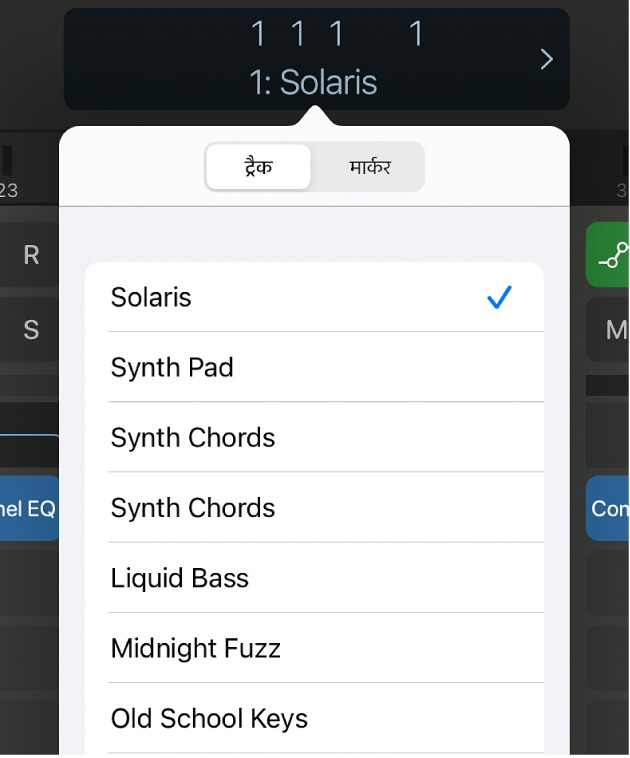 आकृति। नियंत्रण बार डिस्प्ले के नीचे मौजूद ट्रैक की सूची।