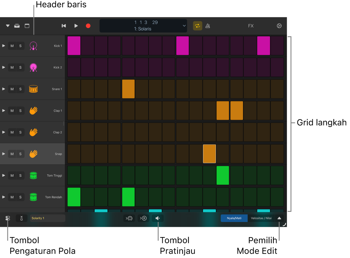Pengurut Langkah menampilkan grid langkah, header baris, dan kontrol lainnya.
