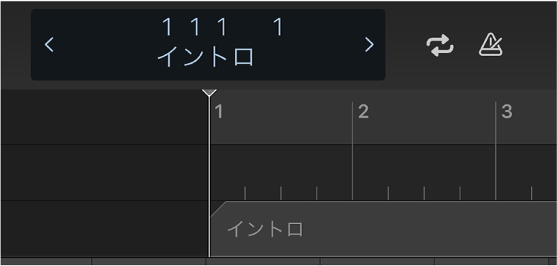図。コントロール・バー・ディスプレイの下に表示されたルーラ、再生ヘッド、マーカー。