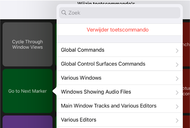 Afbeelding. Pop‑upmenu 'Toetscommando's'.